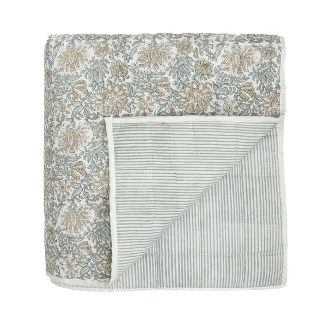 Athena Handblock Coverlet: Blue/Natural - 220x245 - Image 2