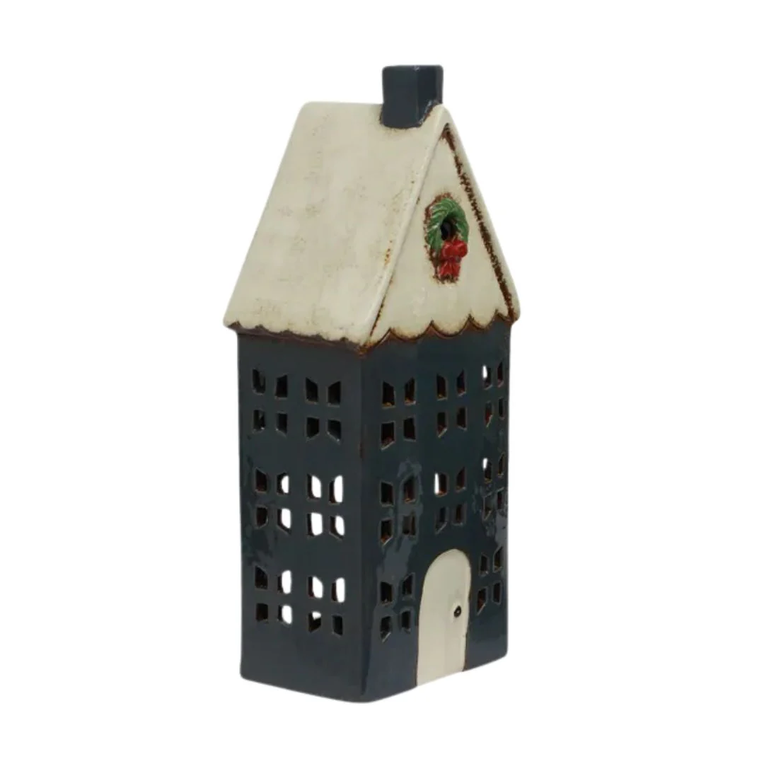 Christmas Tea Light House with Wreath: Blue - Large