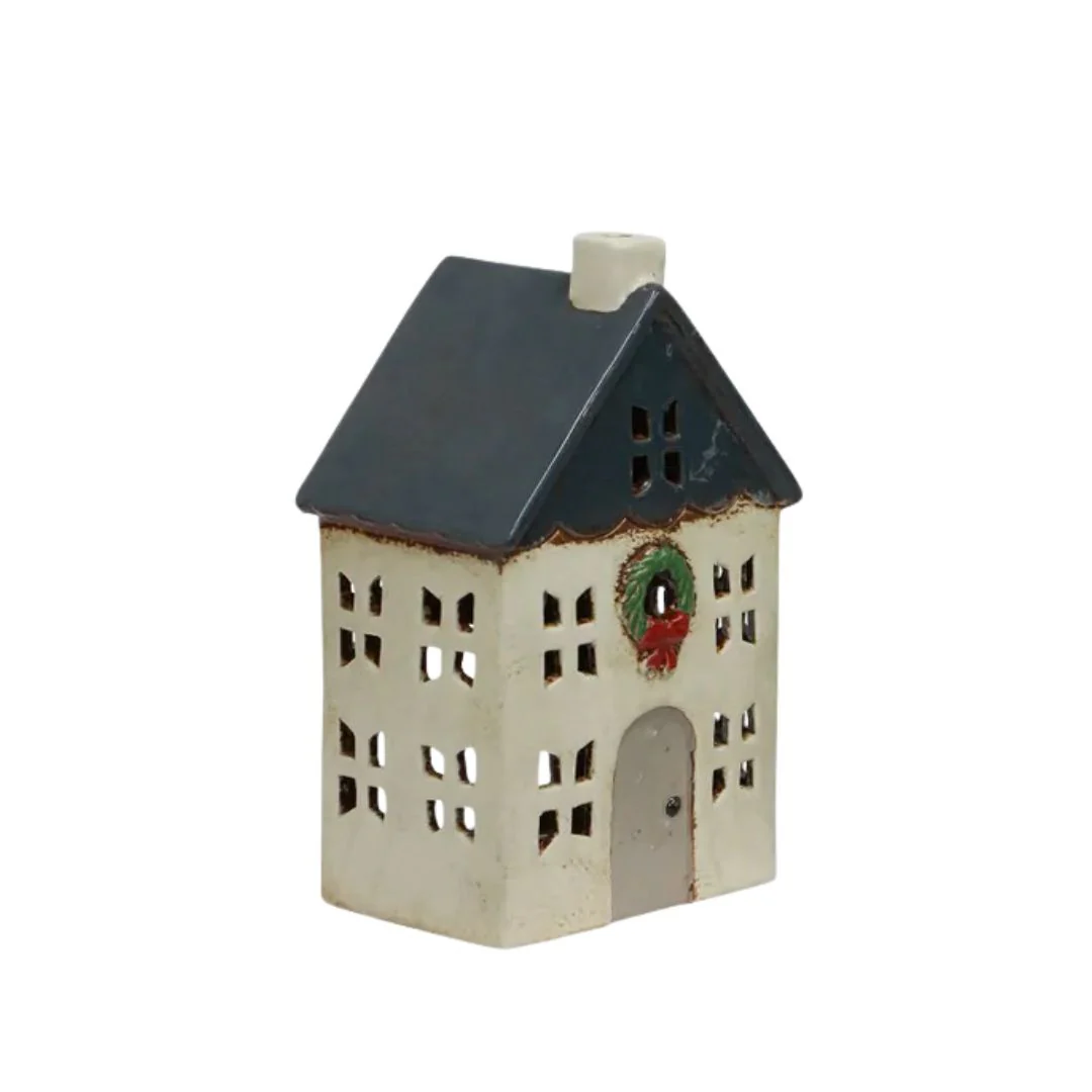 Christmas Tea Light House with Wreath: Blue - Small