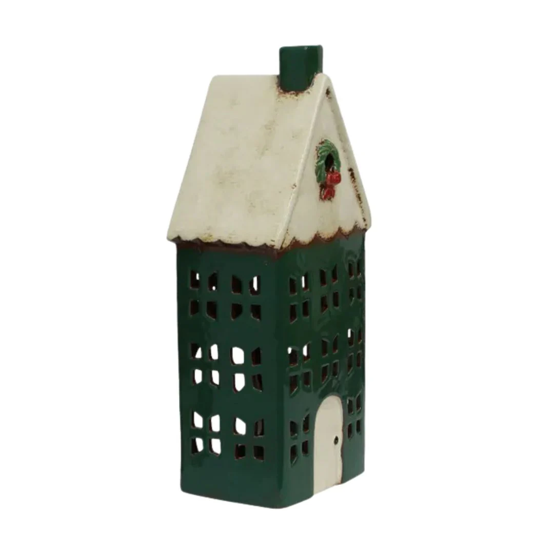 Christmas Tea Light House with Wreath: Green - Large