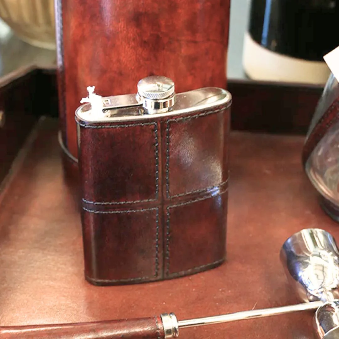 Leather Hip Flask in Dark Brown with Nickle Details - Image 2