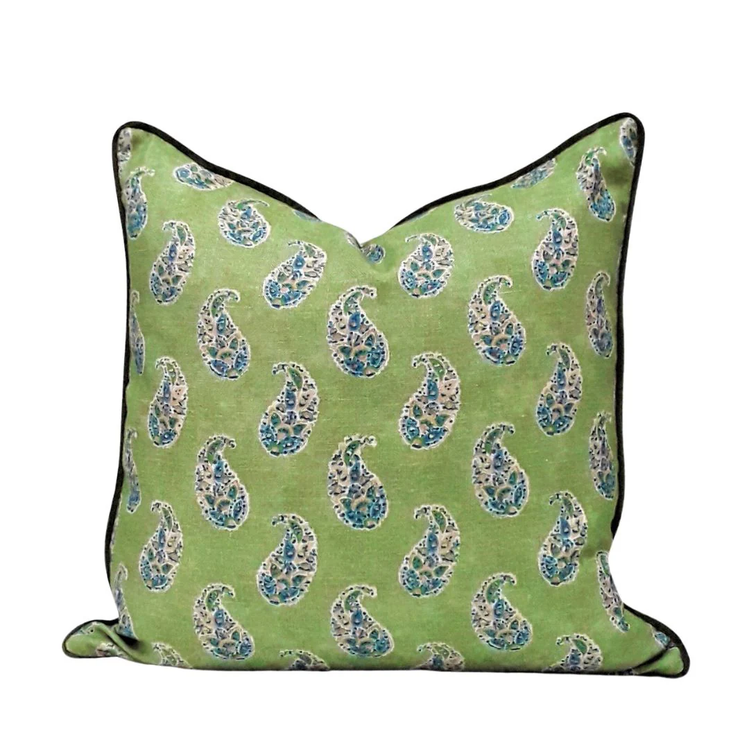 Patola Paisley Emerald/Casimir Olive Piped Cushion - 55x55