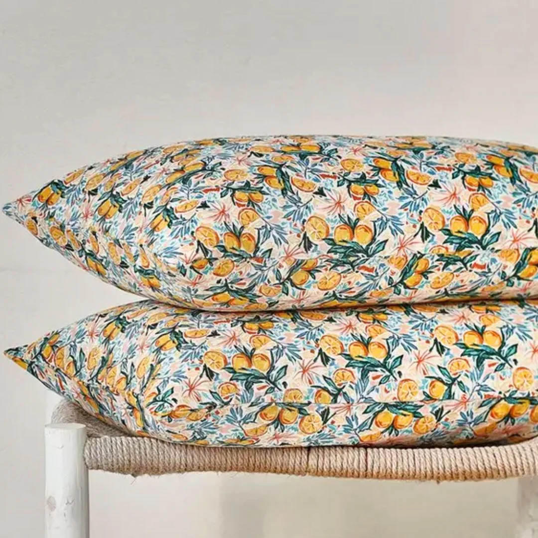 Pure Linen Printed Pillowcase in Pair: Orchard Orange
