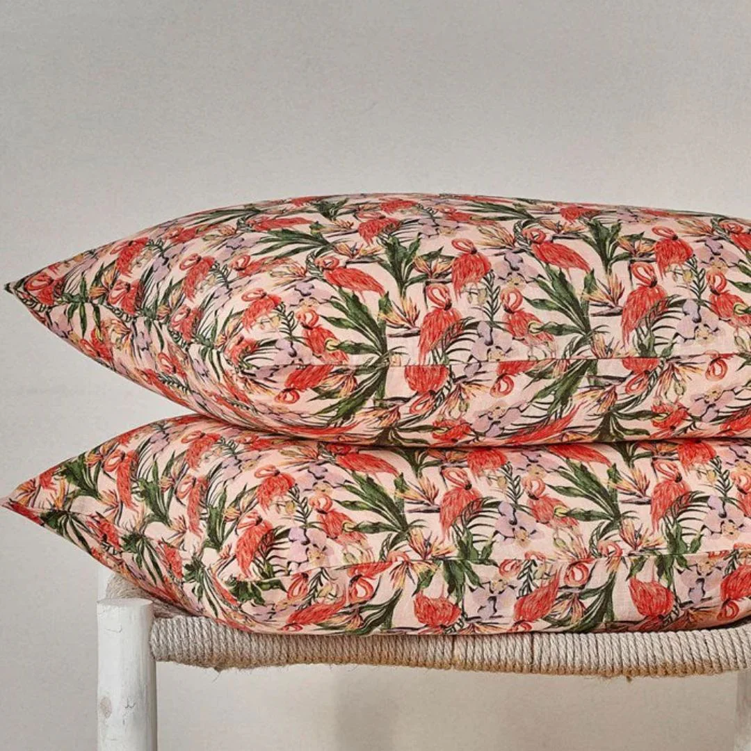 Pure Linen Printed Pillowcase in Pair: Pink Flamingo