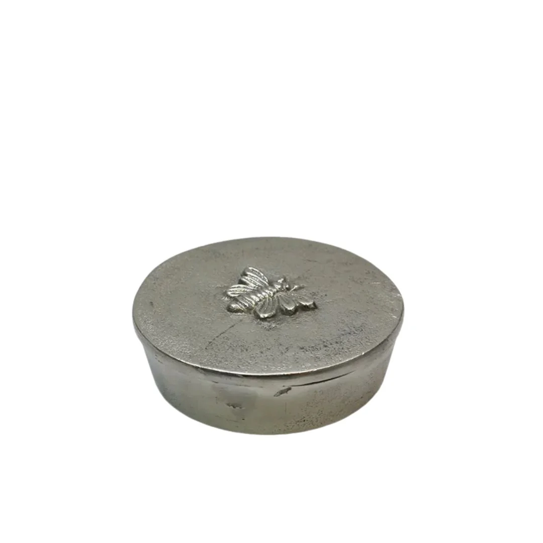 Round Silver Box with Bee Design